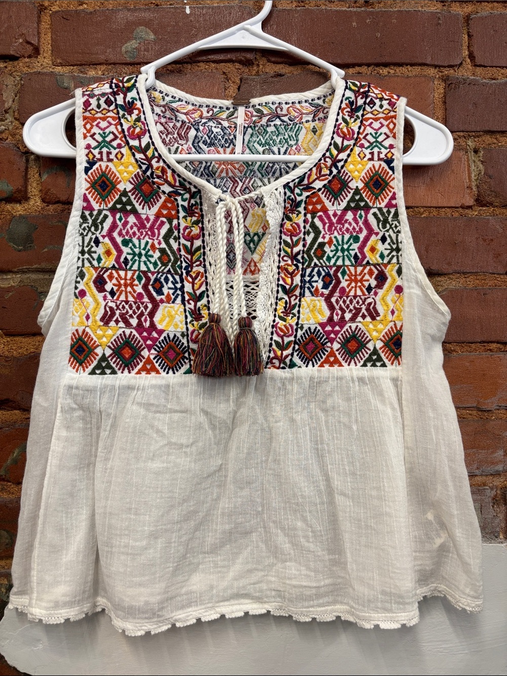 Free People Lohri Embroidered Tassel Tank Size XS Boho Lace Embroidered